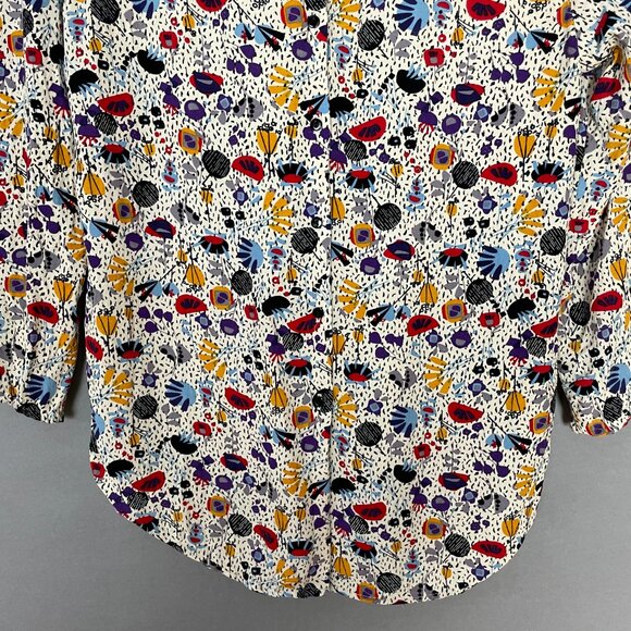 H&M Top Busy Abstract Print Eclectic High Low Cropped Sleeves Size 4 Button Back - Picture 7 of 11